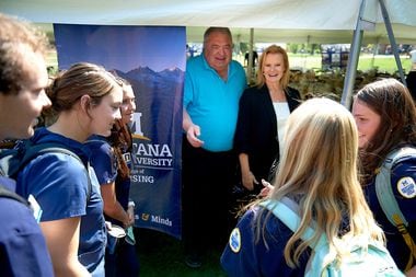 Goosehead Insurance founders Mark and Robyn Jones visit with Montana State University...