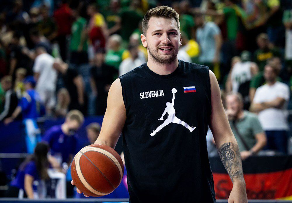 Luka Doncic warms up in Jordan Brand gear for Slovenia's EuroBasket game vs. Germany on...