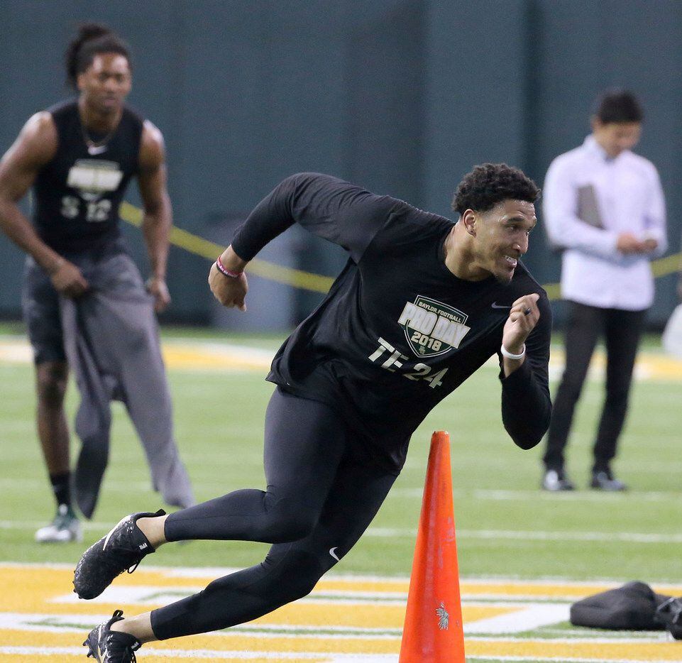 Ishmail Wainright takes part in Baylor's football Pro Day, Monday March 26, 2018, in Waco,...