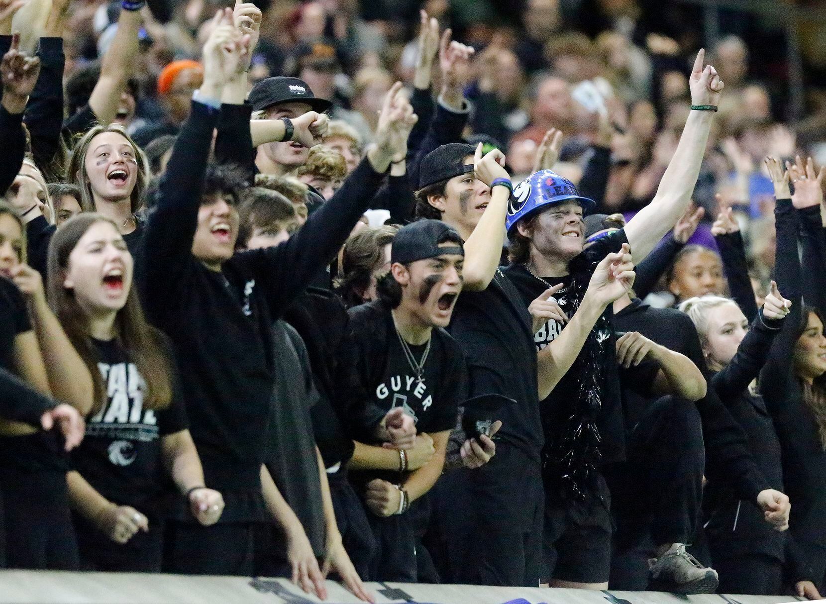 The Denton Guyer student section reacts to a first down which put the game away with little time remaining during the second half as Denton Guyer High School played Trophy Club Byron Nelson High School in a Class 6A Division II Region I semifinal football game at The Ford Center in Frisco on Saturday, November 27, 2021. (Stewart F. House/Special Contributor)