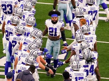 Dallas Cowboys running back Ezekiel Elliott takes the field to face the Atlanta Falcons in an NFL football game at AT&T Stadium on Sunday, Sept. 20, 2020, in Arlington.