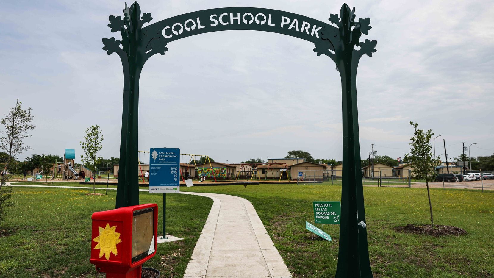 The new "Cool School Park" entrance at John Ireland Elementary in southeast Dallas welcomes neighbors to the campus greenspace. The public is able to access the new and expanded park during the hours and days that school is not in session.