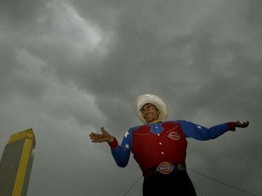 Big Tex stands tall as rain clouds pass overhead in 2007.