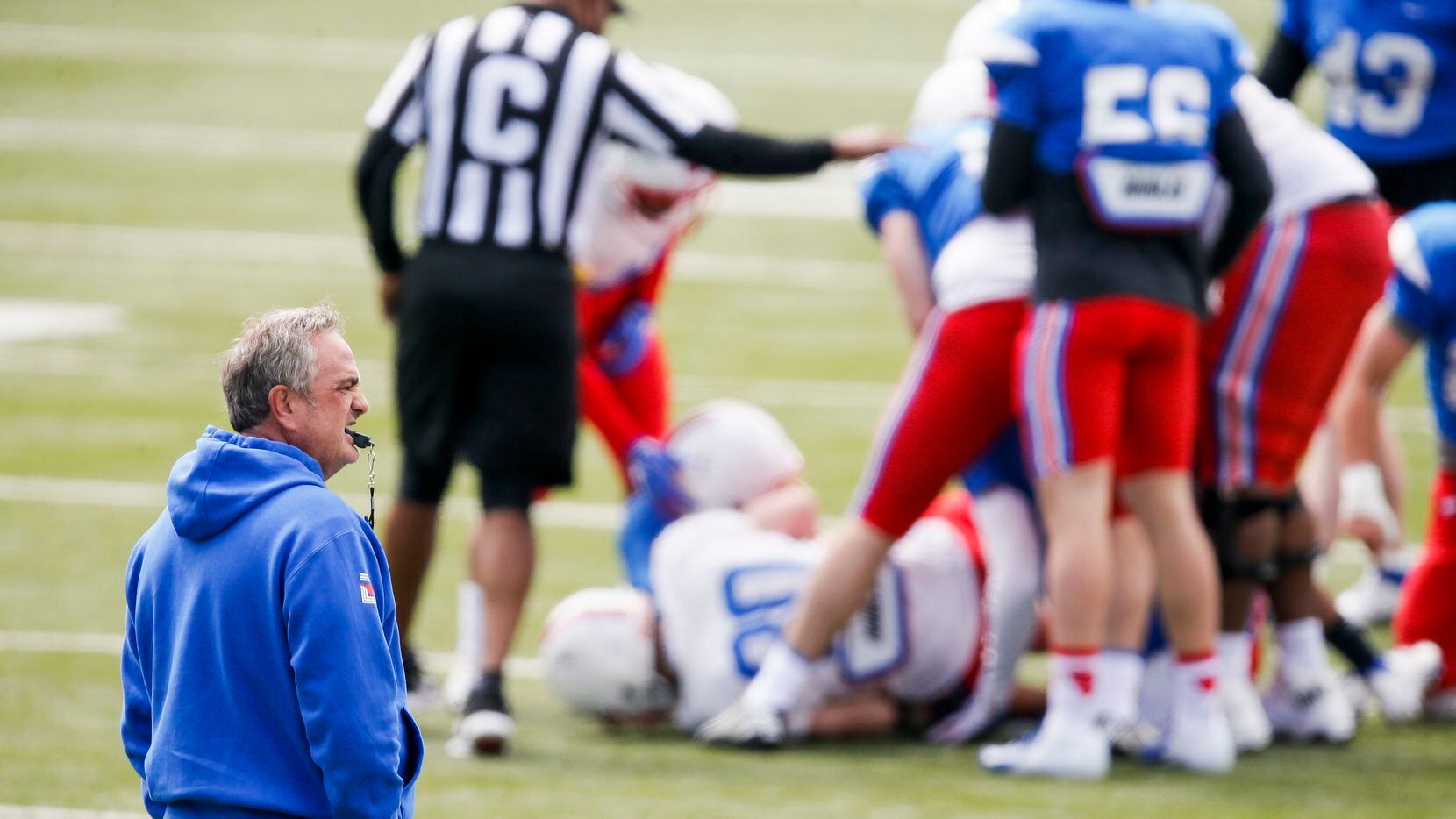SMU head coach Sonny Dykes looks on during practice at Gerald Ford Stadium, Saturday, April 17, 2021.