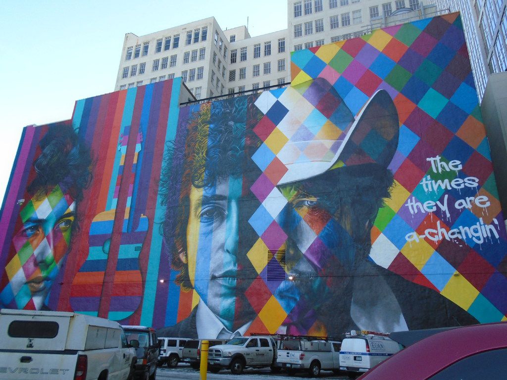 This downtown Minneapolis mural honoring Minnesota native Bob Dylan is five stories high. (Robin Soslow/Special Contributor) 