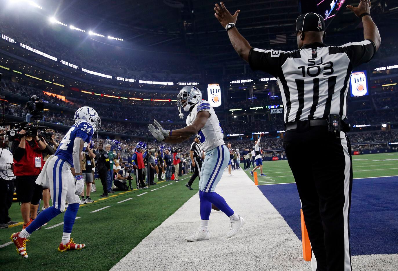Dallas Cowboys wide receiver Michael Gallup (13) celebrates his fourth quarter touchdown...