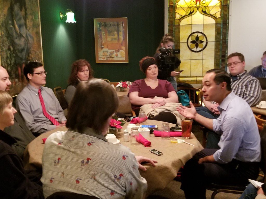Julián Castro speaks with Democratic voters while stumping for president in Denison, Iowa,...
