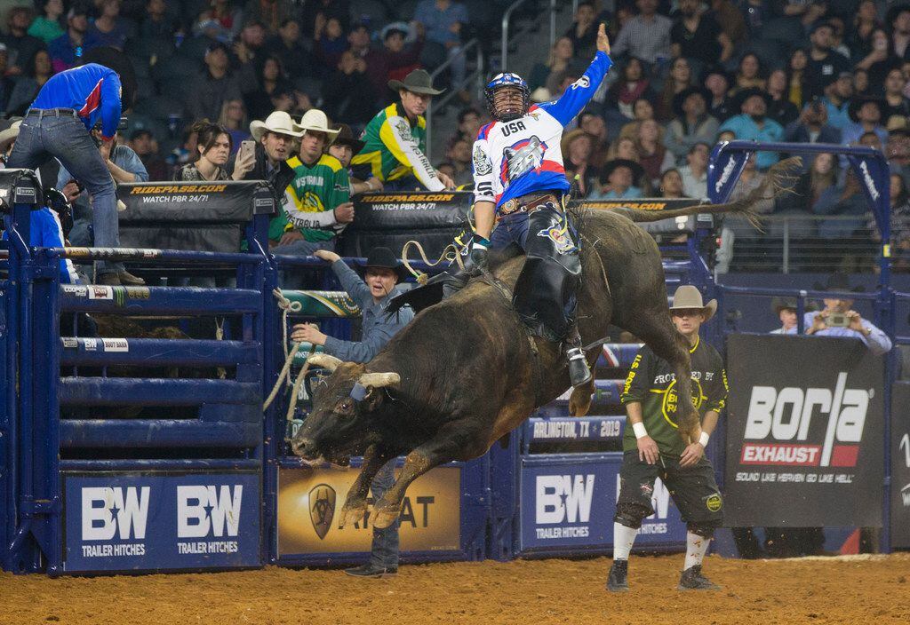Bull rider Keyshawn Whitehorse of Team U.S.A. Wolves rides Magic Train during the PBR Global Cup at AT&T Stadium in Arlington on Sunday, February 10, 2019. Team Brazil won the event. This is the first time the cup has been on U.S. soil. (Daniel Carde/The Dallas Morning News)