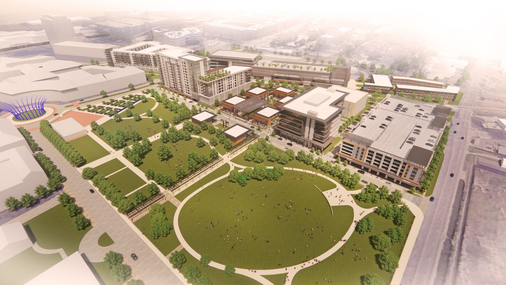 The new buildings will overlook Addison’s Circle Park, a 10-acre public green space used for...