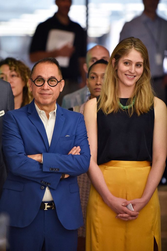 Agustín Arteaga, Eugene McDermott director of the Dallas Museum of Art, and Dallas Art Fair director Kelly Cornell listen to speakers during the announcement of the fourth annual Dallas Art Fair Foundation Acquisition Program, on April 11, 2019, at the Fashion Industry Gallery in downtown Dallas. 