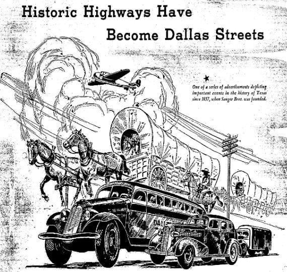 Portion of a 1936 Sanger Bros. advertisement that detailed the history of Dallas' famous roads, including Preston Road.