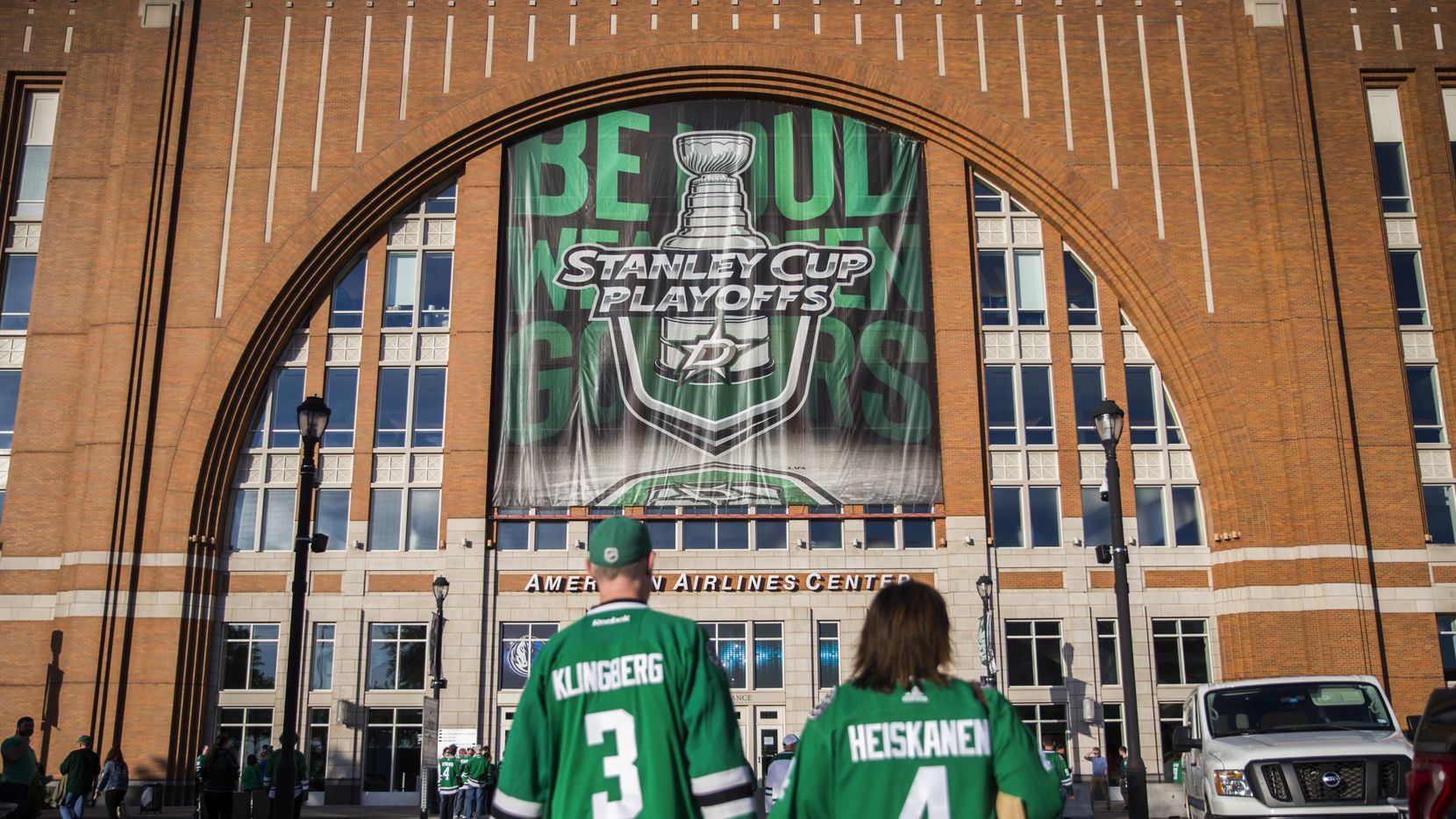 Stanley Cup Playoffs signs are displayed outside of American Airlines Center before Game 3...