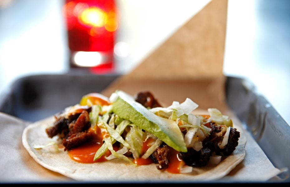 The burnt ends, pictured here in a taco, can also come in a torta at Tortaco.