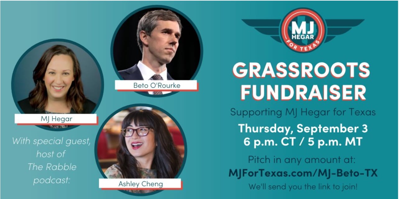 MJ Hegar and Beto O'Rourke paired up for a Sept. 3, 2020, virtual fundraiser to help Hegar in her bid to unseat Sen. John Cornyn.