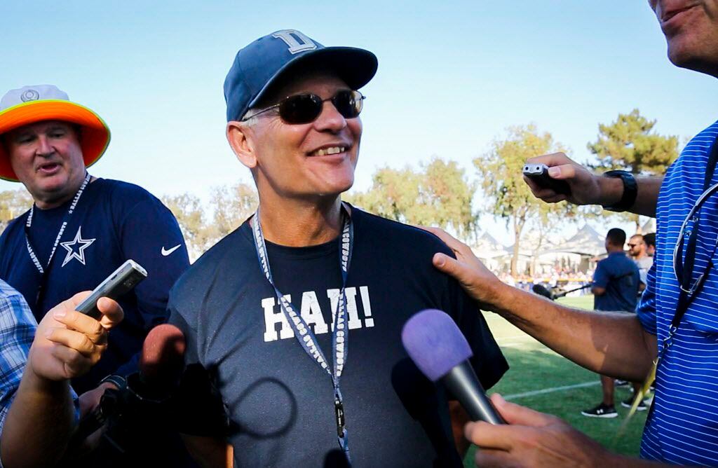 Dallas Cowboys defensive coordinator Rod Marinelli wears a t-shirt reading "HAH!" during an interview at training camp on Monday, Aug. 17, 2015, in Oxnard, Calif. (Smiley N. Pool/The Dallas Morning News)