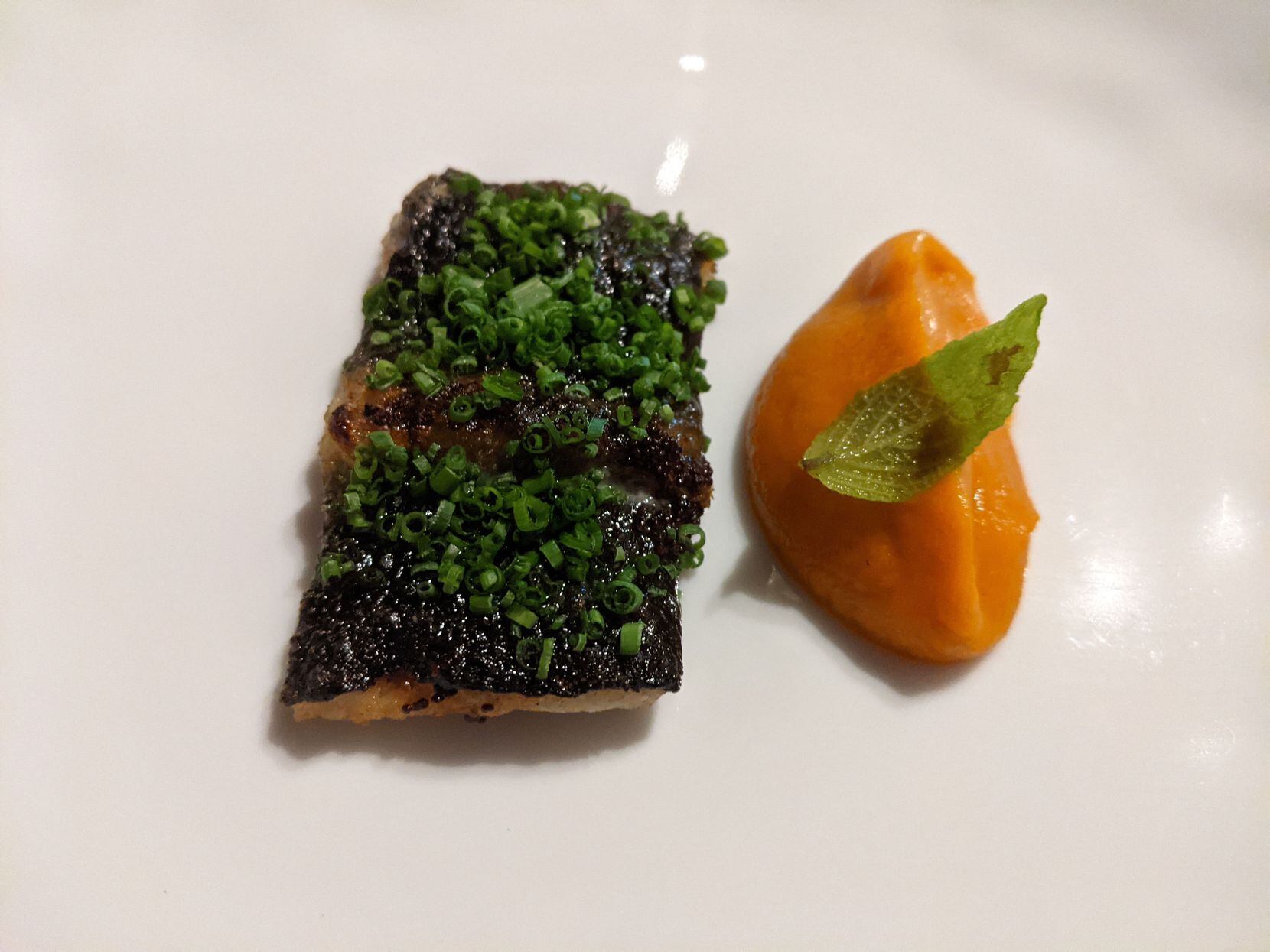 Grilled eel with lemon poppyseed gastrique, and a side of sweet potato puree at Carte Blanche.