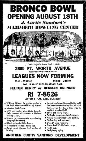 An advertisement for the opening of J. Curtis Sanford's establishment, Bronco Bowl (Jun. 30,...