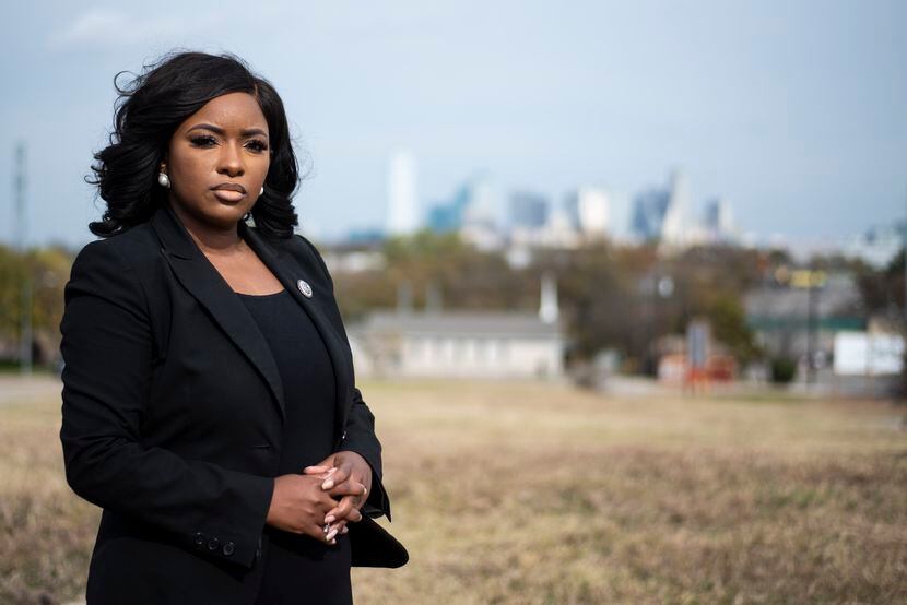 Rep. Jasmine Crockett stands in her district in Dallas. Crockett, a Democrat who is running...