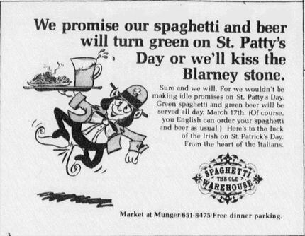 Spaghetti Warehouse ad that ran in the Mar. 17, 1990 issue of The Dallas Morning News: "We...