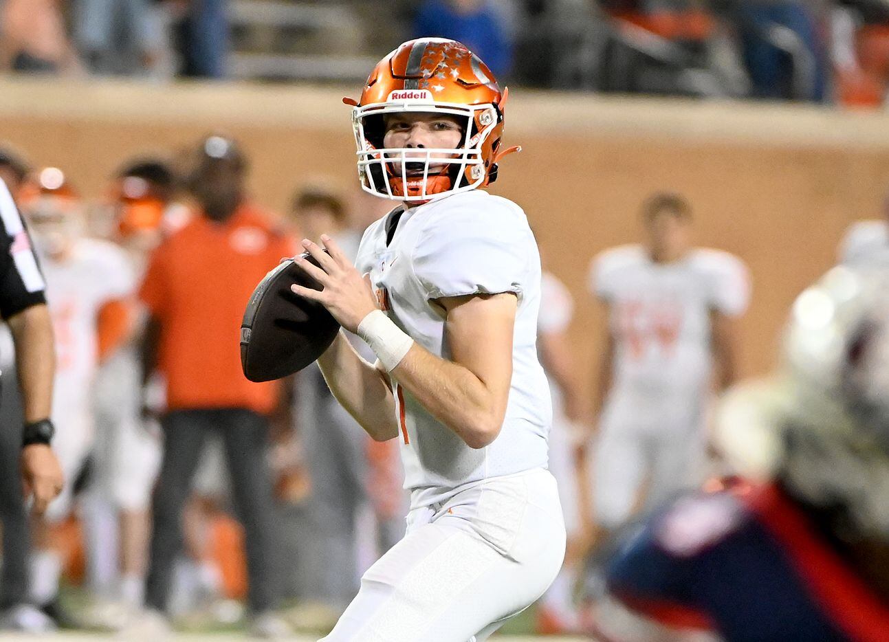 Celina's Noah Bentley (1) looks to pass in the second half of a Class 4A Division II Region I final high school playoff football game between Aubrey and Celina, Friday, Dec. 3, 2021, in Denton, Texas. Celina won 34-0. (Matt Strasen/Special Contributor)