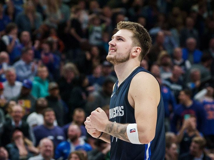 Dallas Mavericks guard Luka Doncic reacts after missing a 3-point attempt to tie the game...