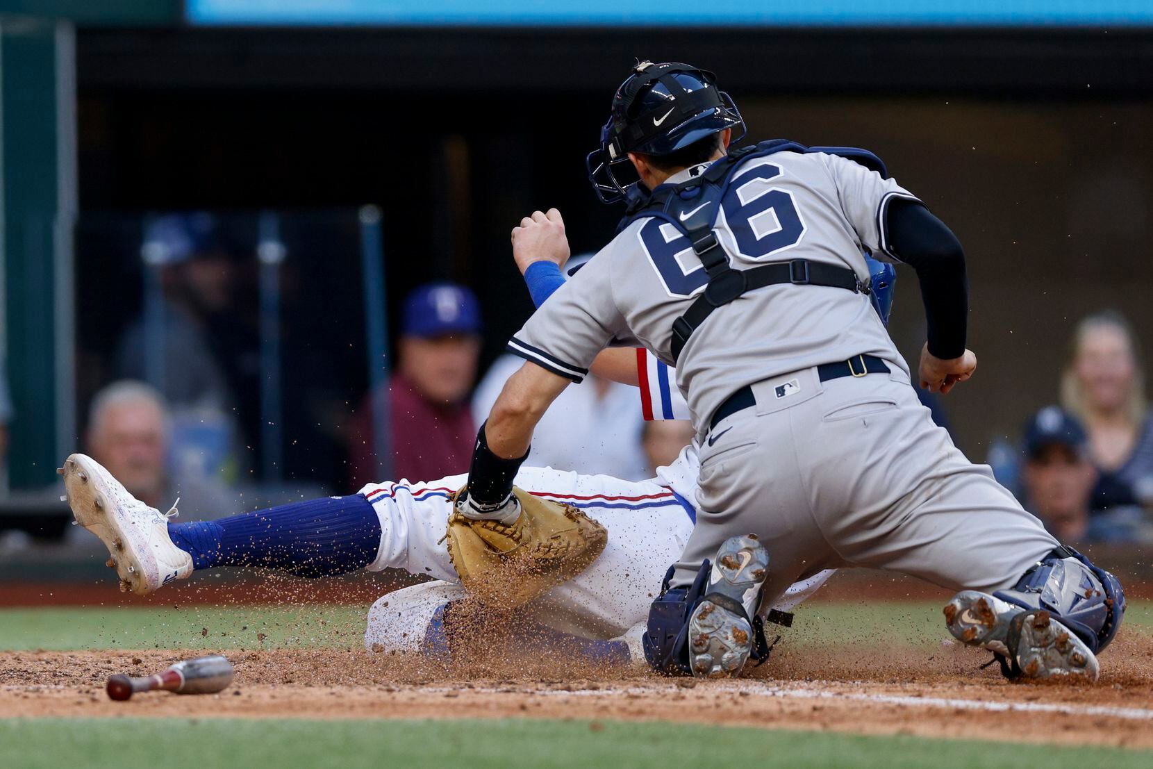 Texas Rangers third baseman Josh Jung (6) is tagged out  by New York Yankees catcher Kyle...