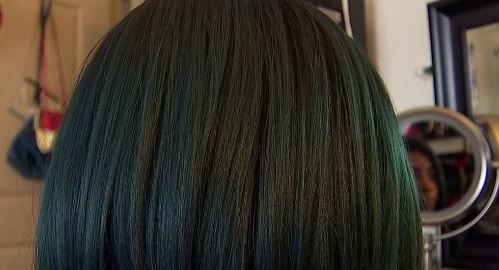 A close-up of Kate's turquoise wig from a video interview with NBC5.