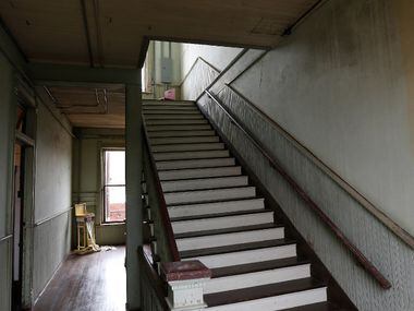 A stairway to the third floor at the 100 West. The Odd Fellows used the third floor as a...