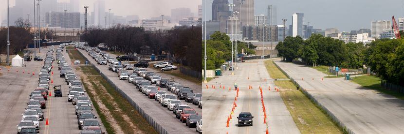 At right, a lone vehicle makes its way toward the vaccination megasite at Fair Park on...