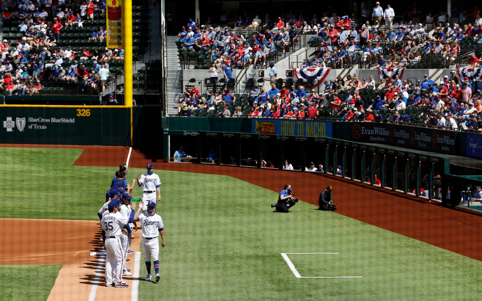 Texas Rangers players and staff are introduced during pregame ceremonies at Globe Life Field in Arlington, Monday, April 5, 2021. The Texas Rangers were facing the Toronto Blue Jays in their home opener. (Tom Fox/The Dallas Morning News)