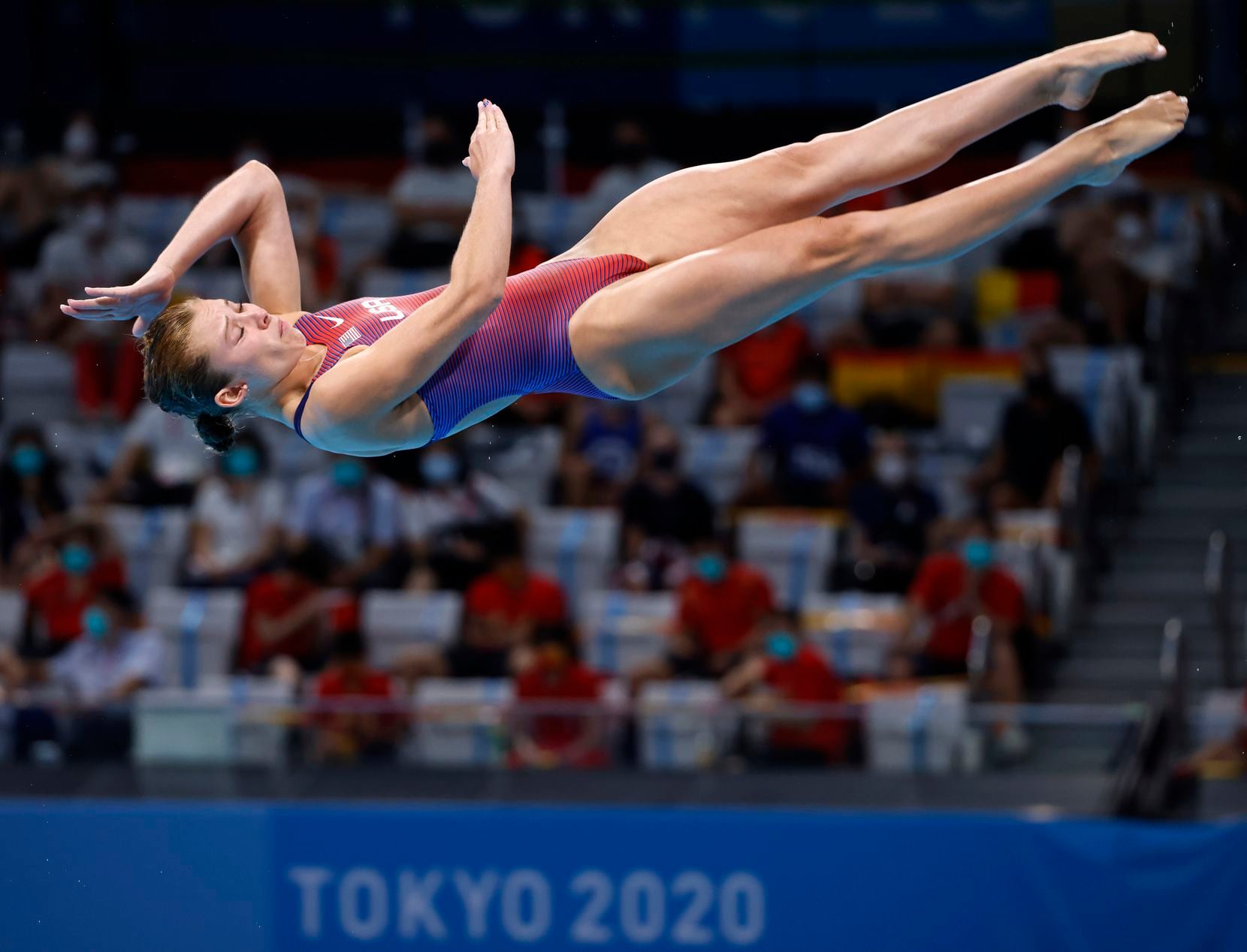USA’s Hailey Hernandez dives in the women’s 3 meter springboard final during the postponed 2020 Tokyo Olympics at Tokyo Aquatics Centre, on Sunday, August 1, 2021, in Tokyo, Japan. Hernandez finished 9th with a total score of 288.45. (Vernon Bryant/The Dallas Morning News)