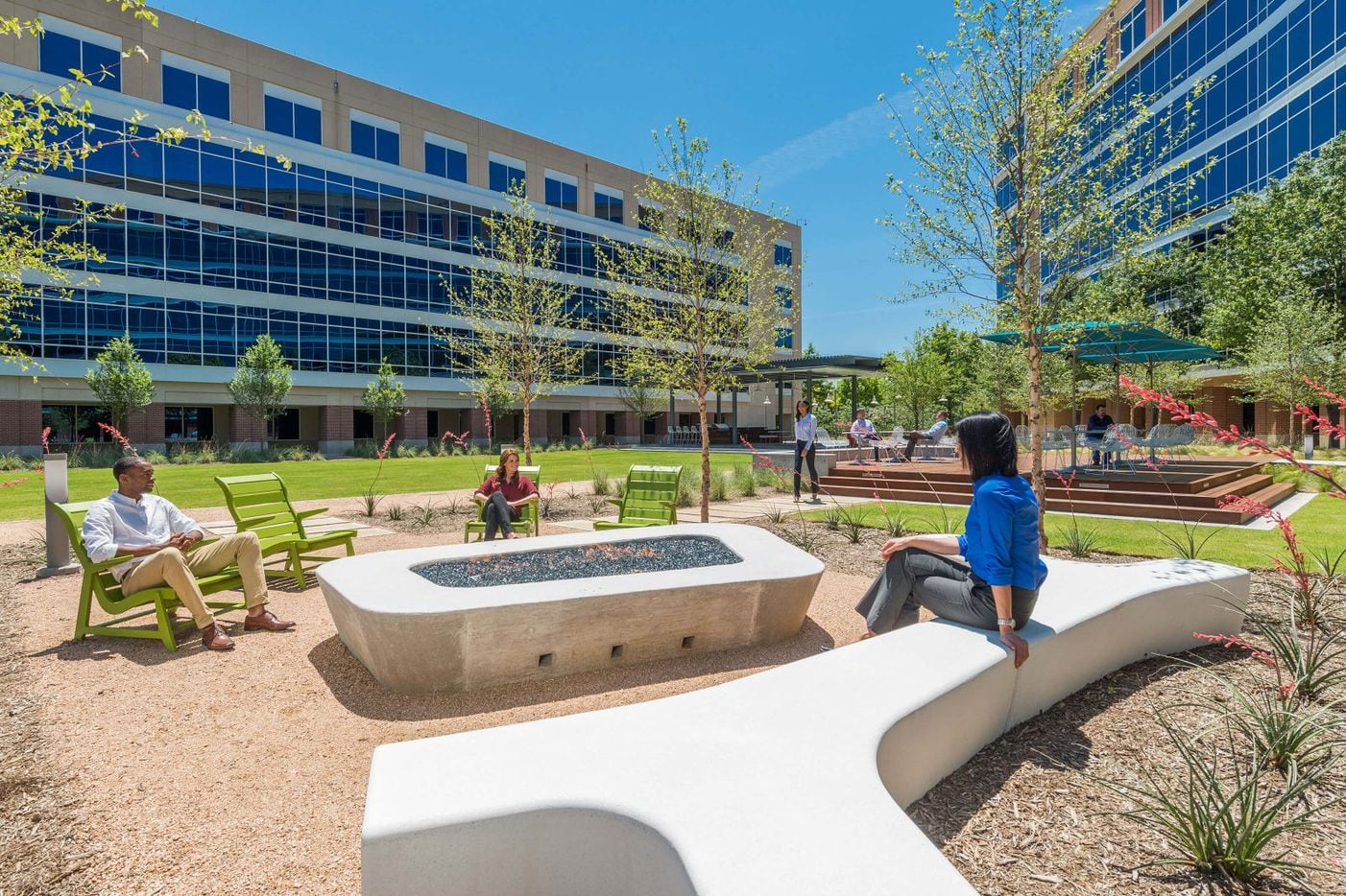 Workers have access to outdoor patio areas complete with a fire pit at the Galatyn Commons...