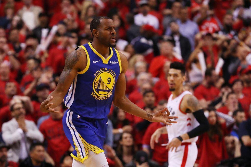 TORONTO, ONTARIO - JUNE 02:  Andre Iguodala #9 of the Golden State Warriors celebrates a basket late in the game against the Toronto Raptors during Game Two of the 2019 NBA Finals at Scotiabank Arena on June 02, 2019 in Toronto, Canada.  NOTE TO USER: User expressly acknowledges and agrees that, by downloading and or using this photograph, User is consenting to the terms and conditions of the Getty Images License Agreement. (Photo by Gregory Shamus/Getty Images)