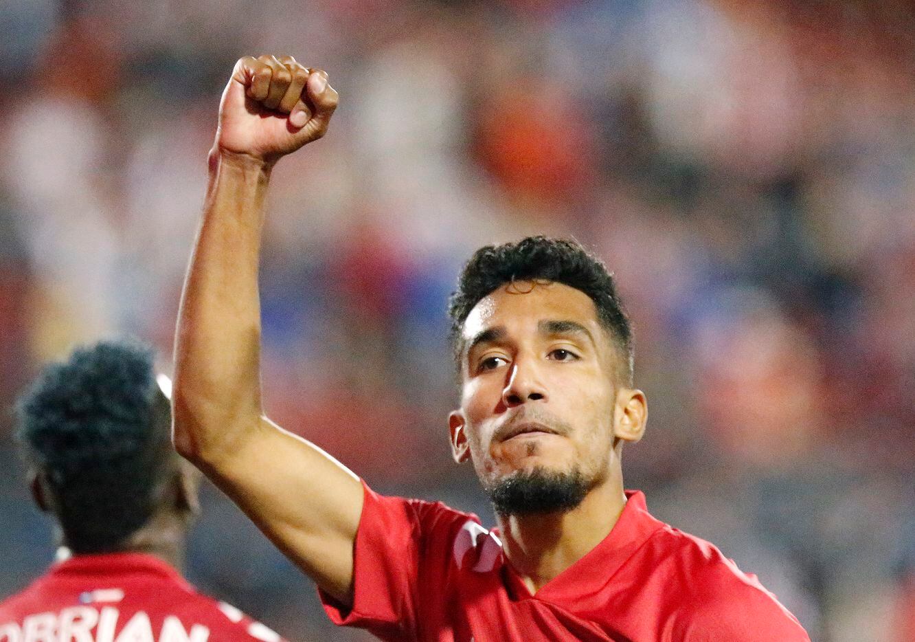FC Dallas forward Jesus Ferreira (9) celebrates after scoring a goal during the first half as FC Dallas hosted Austin FC at Toyota Stadium in Frisco on Saturday, October 30, 2021.