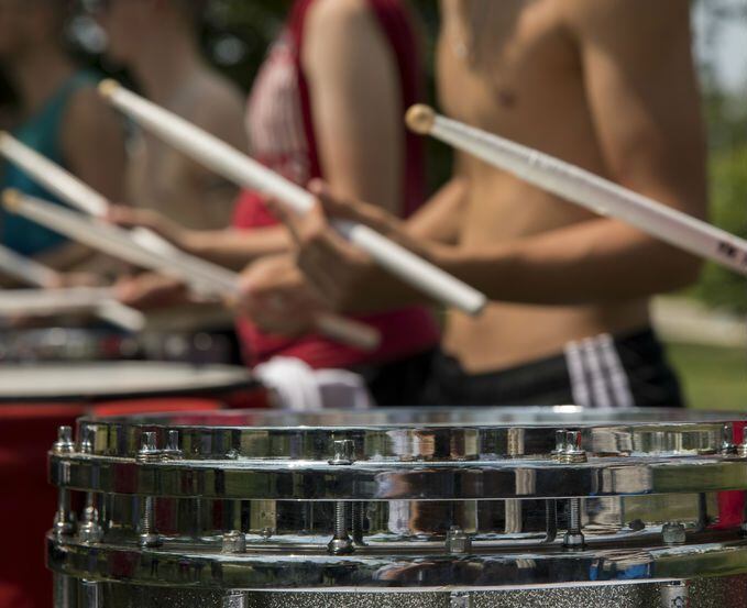In this Aug. 14, 2018 photo, members of the Indiana University Marching Hundred practice...