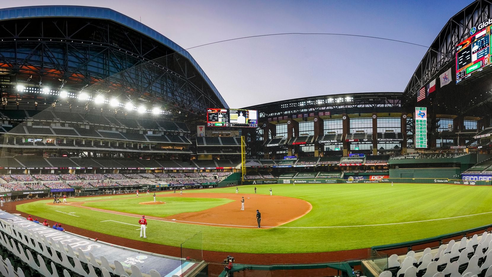 A panoramic view shows the roof open at the stadium as the Texas Rangers face the Oakland...