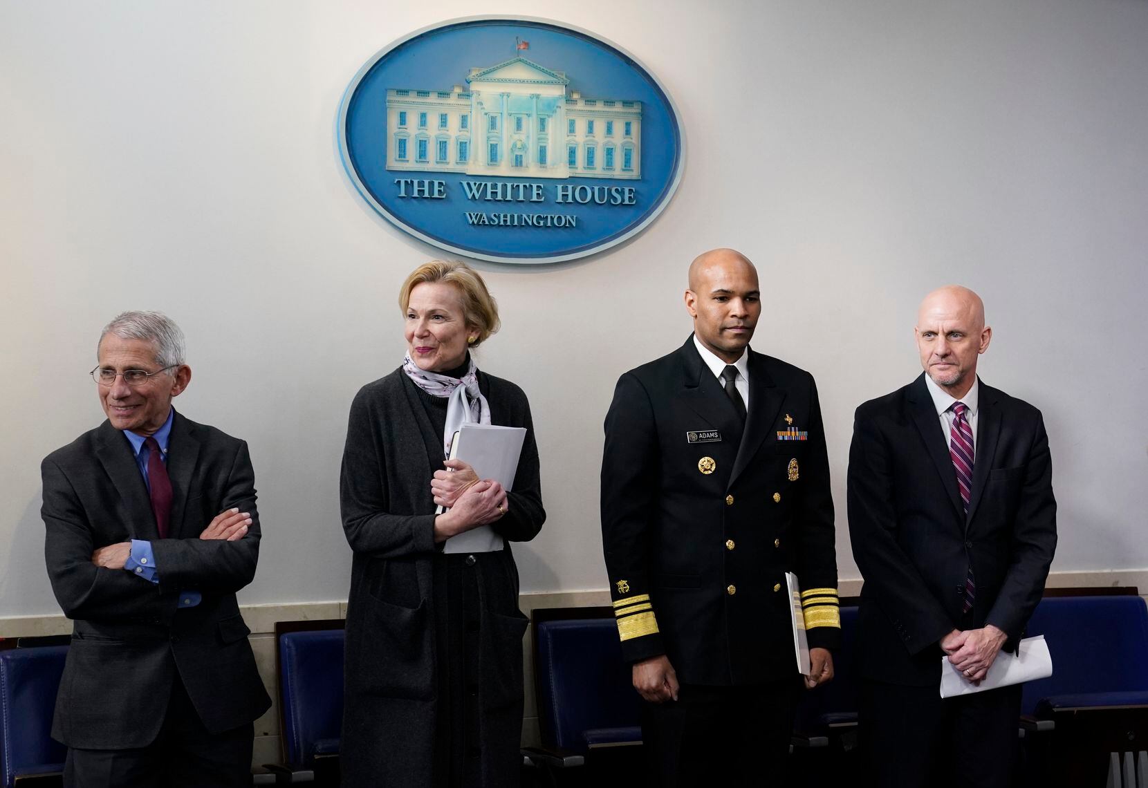 The Trump administration's coronavirus task force included then Surgeon General Jerome Adams (second from right), flanked by Director of the National Institute of Allergy and Infectious Diseases Dr. Anthony Fauci (left), White House coronavirus response coordinator Dr. Deborah Birx and Food and Drug Administration Commissioner Dr. Stephen Hahn (right). They're shown here at a task force briefing at the White House in April 2020.