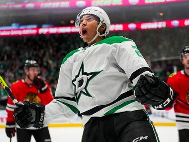 Dallas Stars left wing Jason Robertson (21) celebrates after a goal during the first period...
