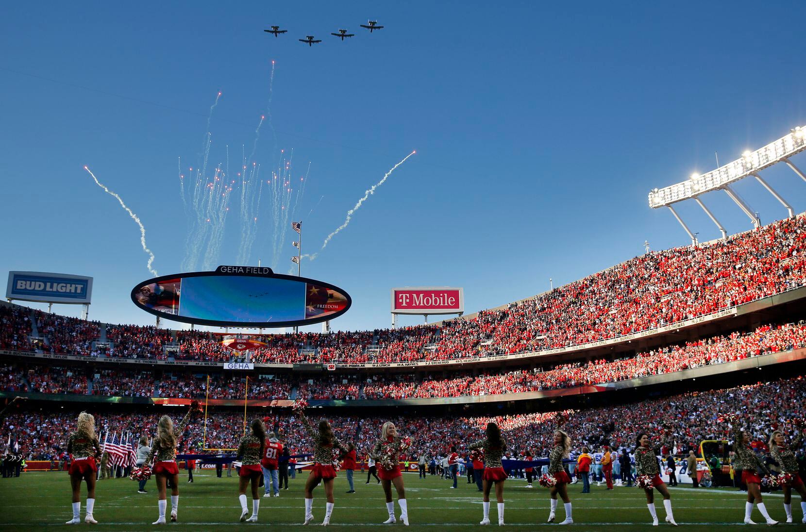 A group of A-10 military jets perform a flyover of Arrowhead Stadium before the Dallas Cowboys game in Kansas City, Missouri, November 21, 2021. (Tom Fox/The Dallas Morning News)