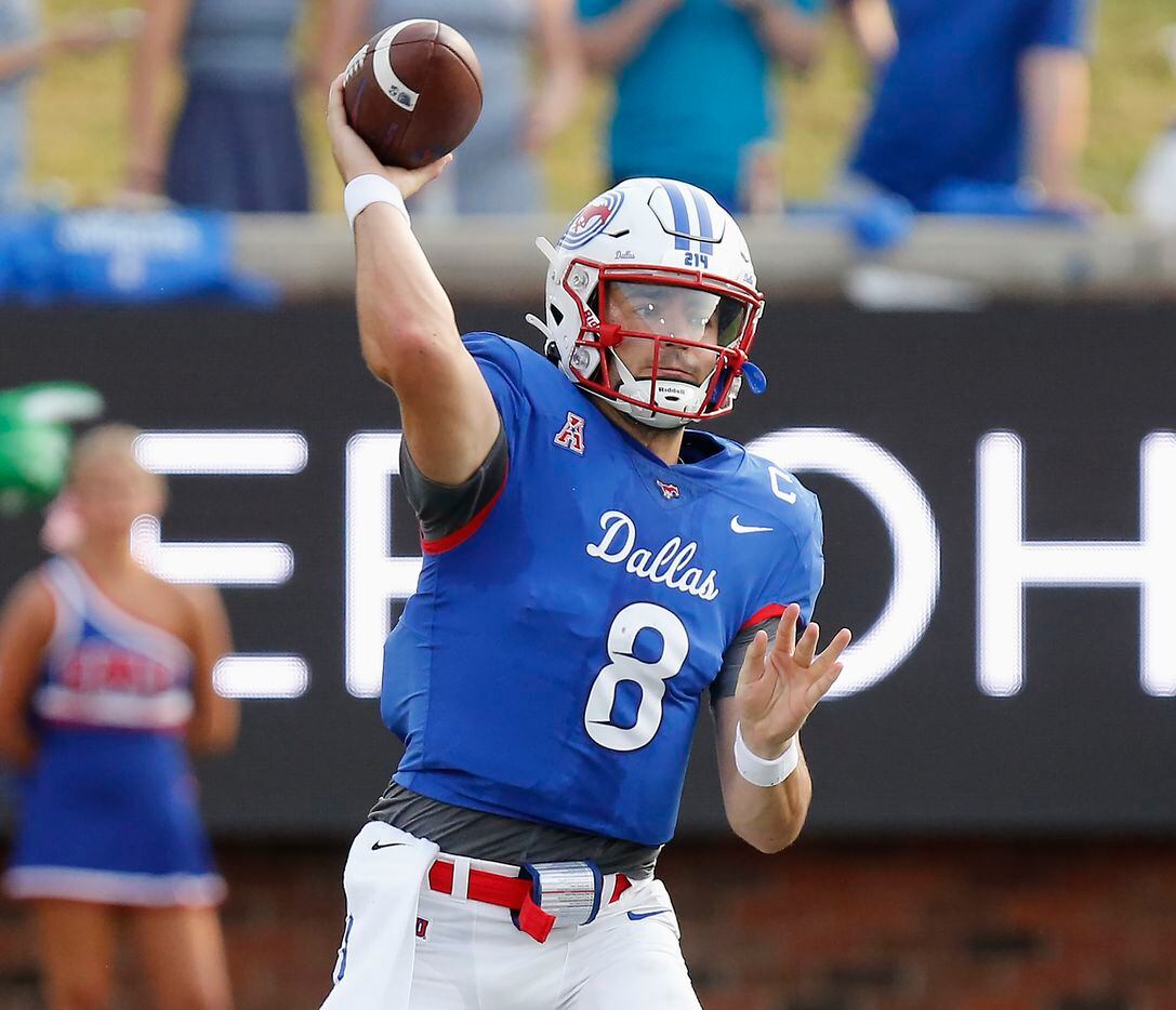 Southern Methodist Mustangs quarterback Tanner Mordecai (8) throws a pass during the first half as SMU hosted UNT at Ford Stadium in Dallas on Saturday, September 11, 2021. (Stewart F. House/Special Contributor)