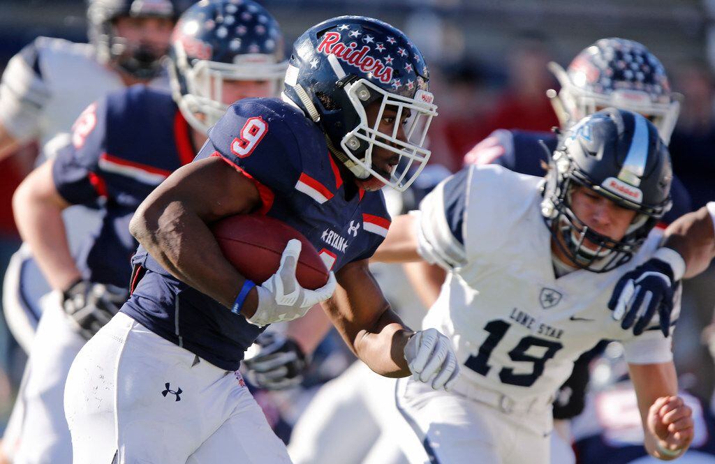 Denton Ryan High School running back Emani Bailey (9) carries the ball for a touchdown as Lone Star High School free safety Landon Whitley (19) gives pursuit during the first half as Frisco Lone Star High School played Denton Ryan High School in a Class 5A Division I state semifinal game at Eagle Stadium in Allen on Saturday, December 14, 2019. (Stewart F. House/Special Contributor)