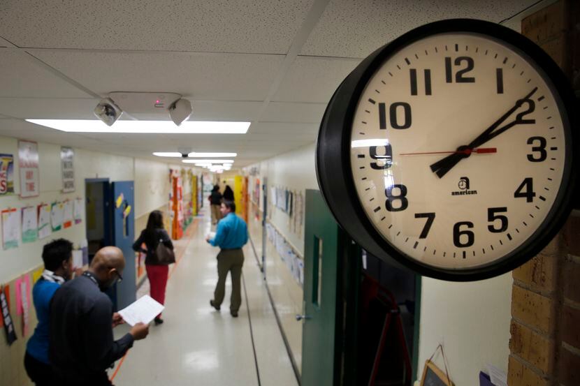 A file photo of a clock at Pleasant Run Elementary in Lancaster ISD on Monday, April 13, 2015.