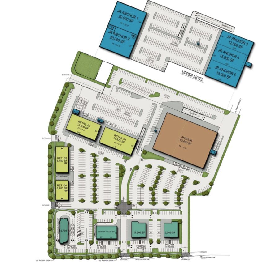 The new shopping center would contain a variety of retail buildings - the largest the size...
