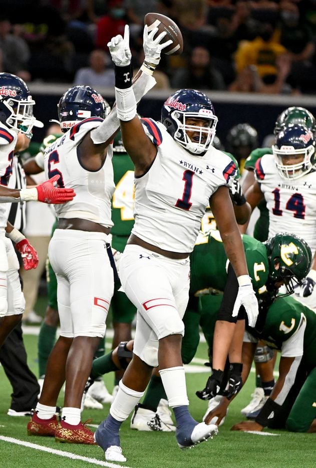 Denton Ryan’s MarQuice Hill II (1) celebrate after his teams fumble recovery in the first half during a high school football game between Longview and Denton Ryan, Saturday, Aug. 28, 2021, in Frisco, Texas. (Matt Strasen/Special Contributor)