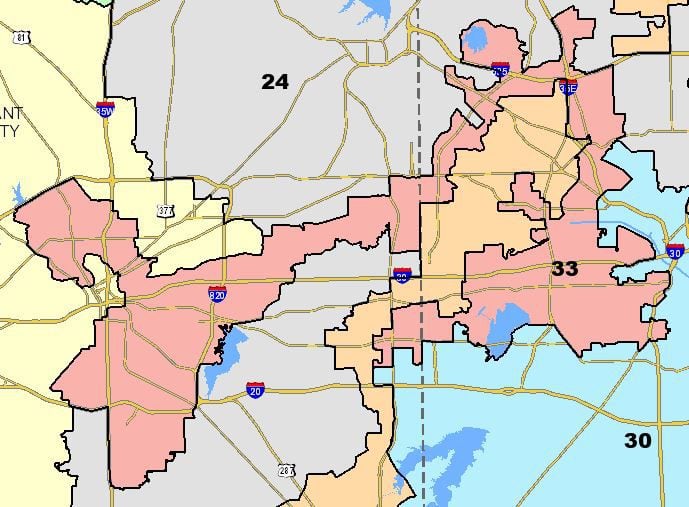 Congressional District 33, represented by Rep. Marc Veasey, D-Fort Worth, under the redistricting plan approved by the Legislature and signed by Gov. Greg Abbott on Oct. 25, 2021. The twisting district that doubles back on itself is one of the most contorted on a map the U.S. Justice Department calls illegal under the Voting Rights Act.