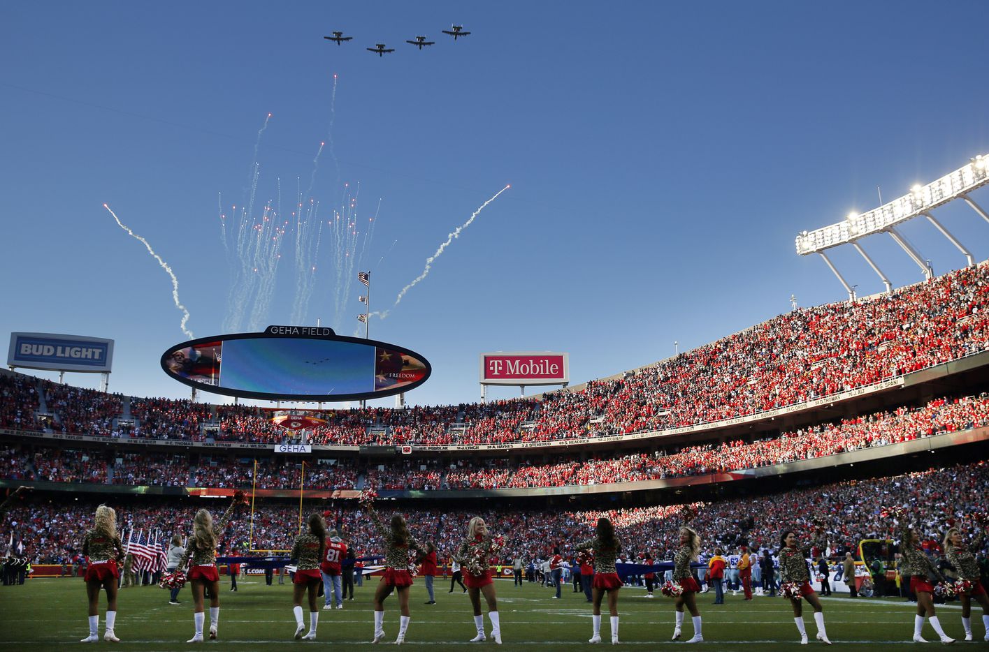 A group of A-10 military jets perform a flyover of Arrowhead Stadium before the Dallas...