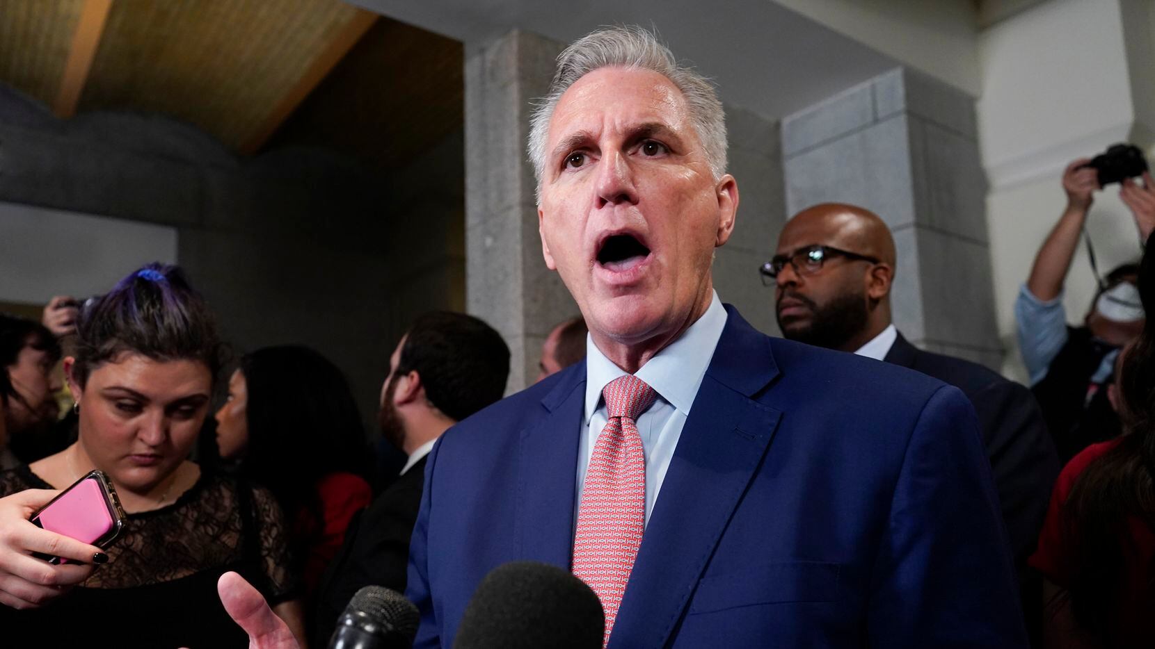 House Republican Leader Kevin McCarthy, R-Calif., speaks as he pursues the Speaker of the...