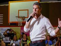Texas candidate for governor Beto O'Rourke speaks during a town hall at the Kauffman...