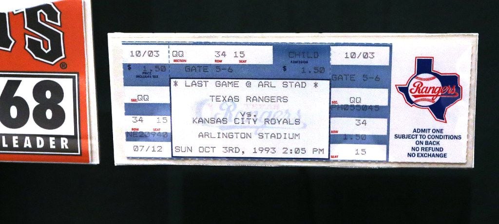 A ticket from the last game at Arlington Stadium is on display at the Baseball Hall of Fame...