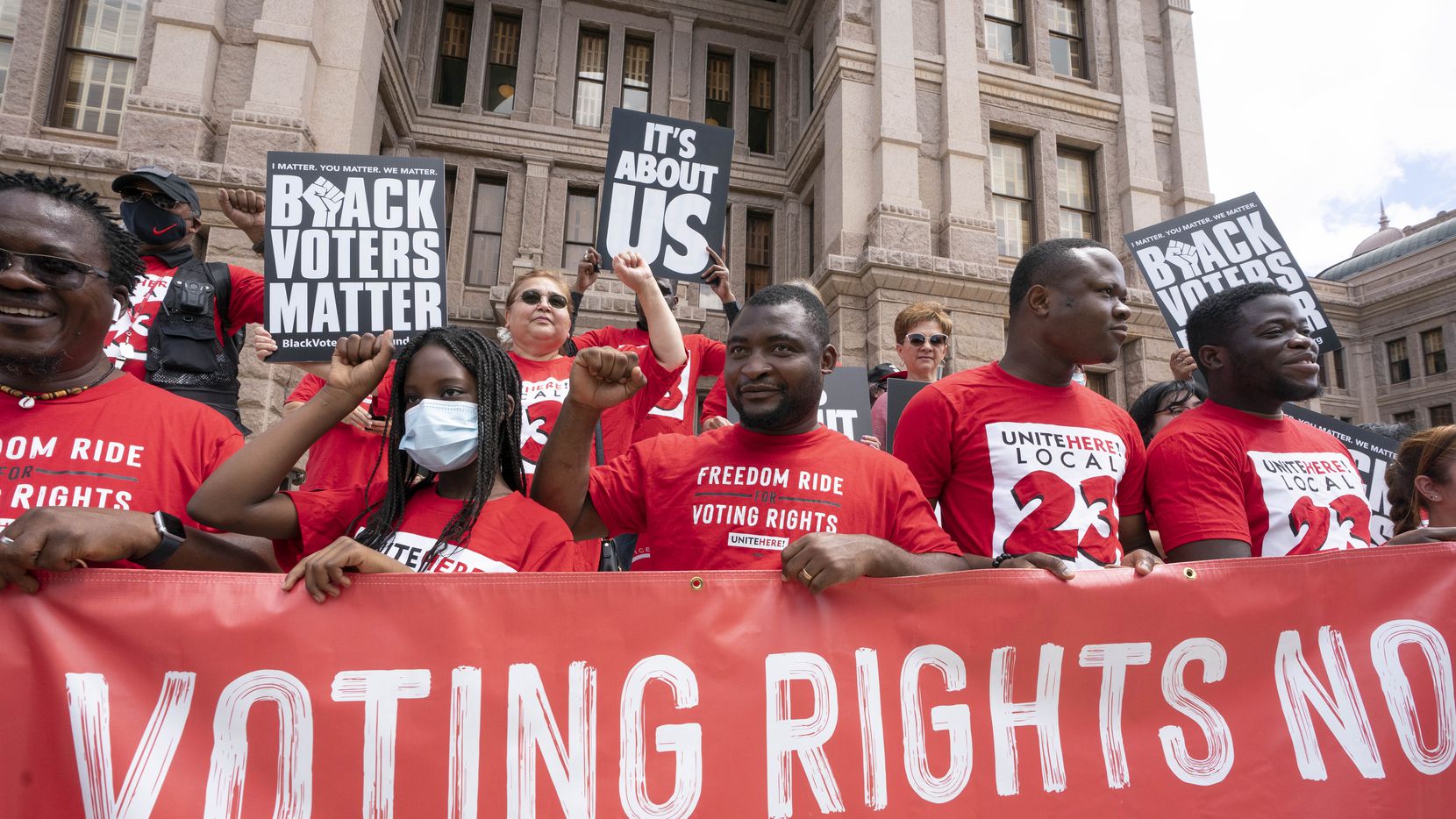 A coalition of voting rights groups including Black Voters Matter and the Texas Right to Vote Coalition rally at the Capitol to decry election bills being advocated by Gov. Greg Abbott.